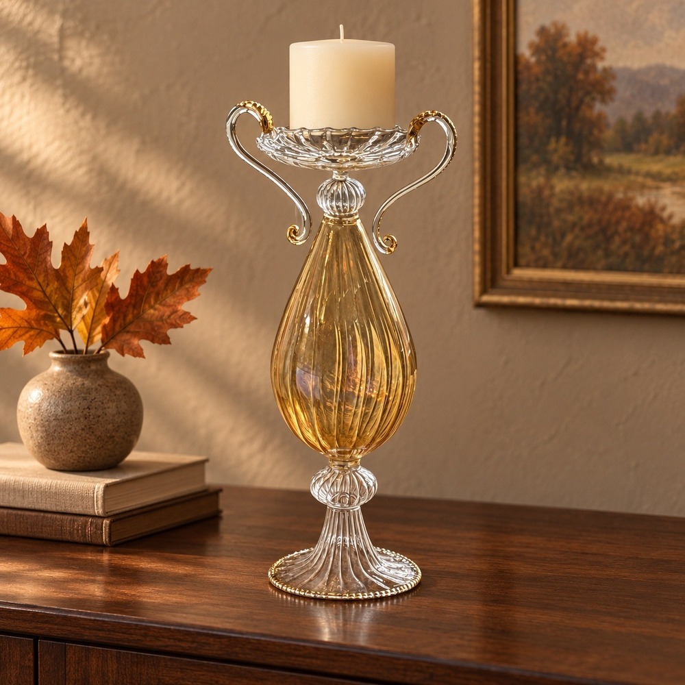 Vintage 1998 Bombay Iridescent Amber Glass Pillar Candle Holder NIB 14.5"